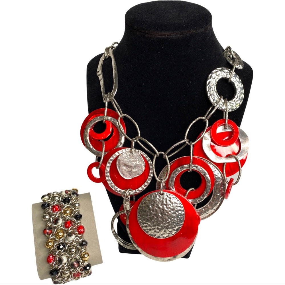 NWT Zevar Treska Red and Silver Statement Necklace